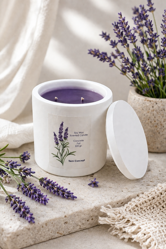Dekoratif Lavanta Kokulu Beyaz Renkli Beton Saksılı Ve Kapaklı Soya Mum
