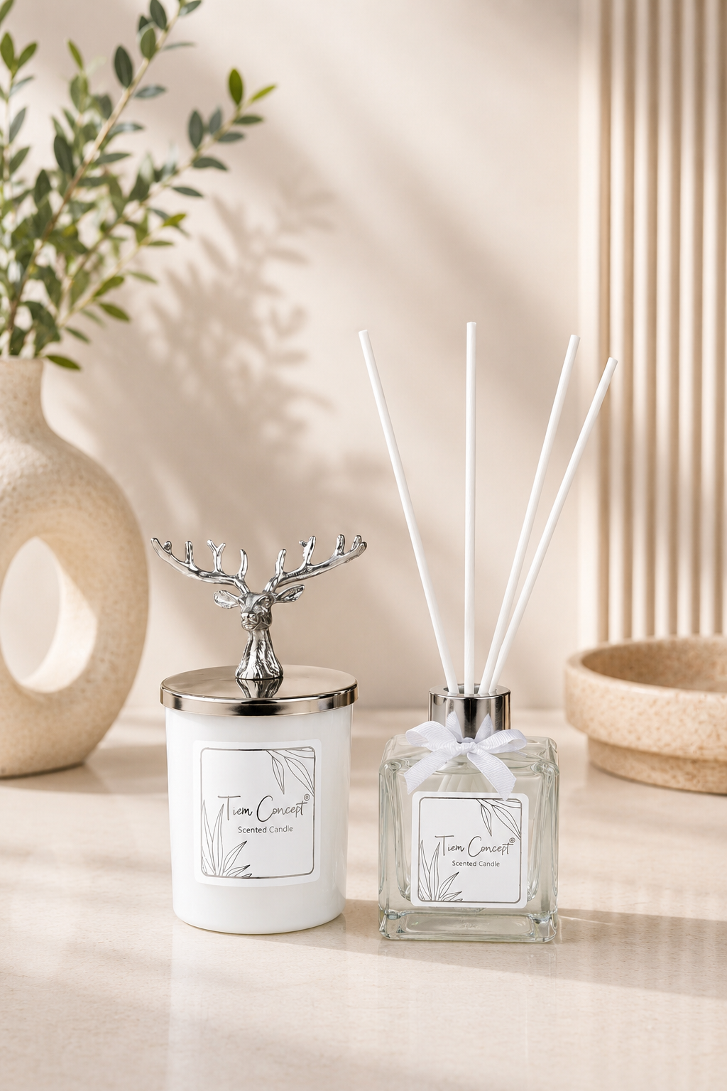 Gümüş Geyik Kapaklı Mum ve Çubuklu Oda Kokusu Seti –  Dekoratif Hediye Seti