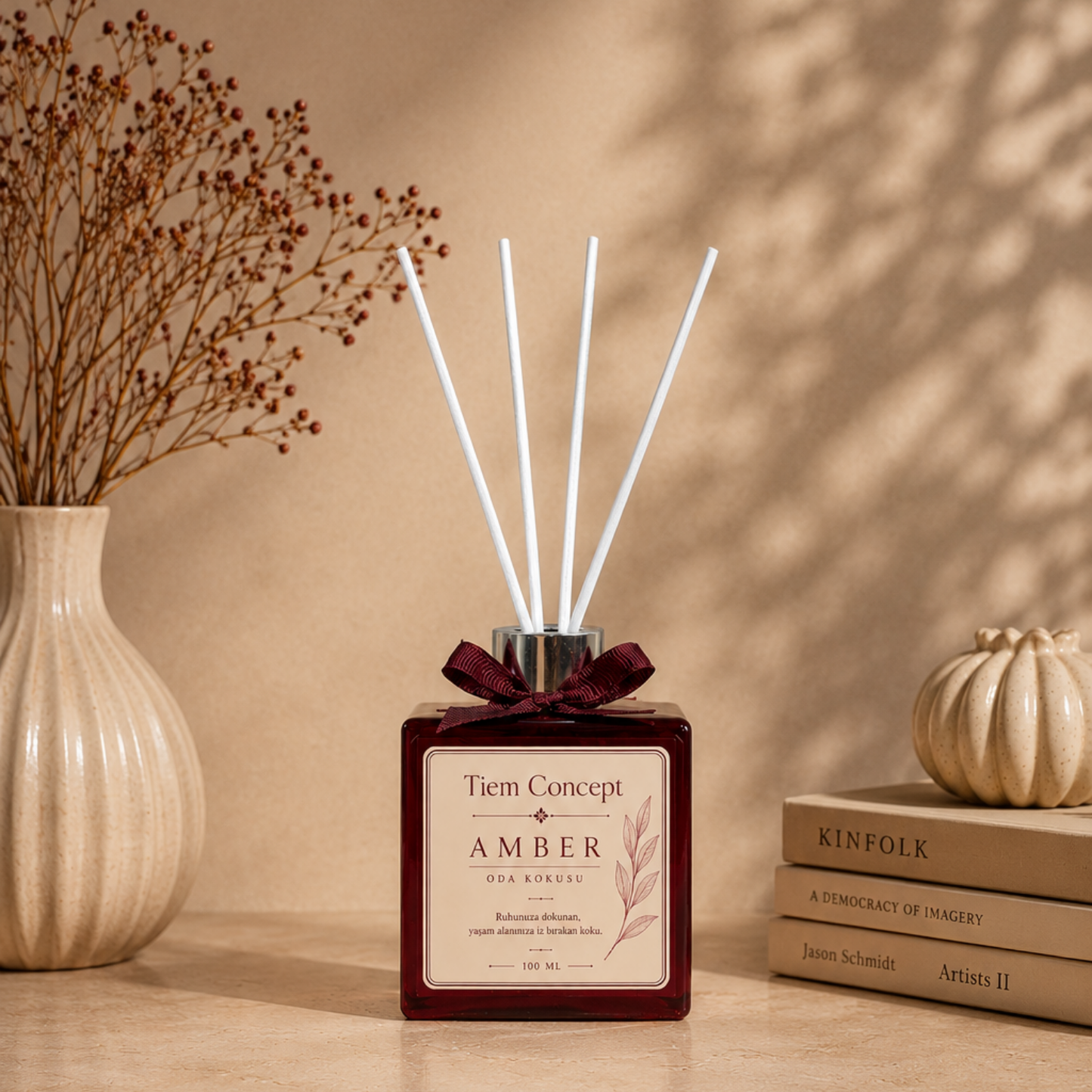 Çubuklu Oda Kokusu 100 ml Amber -  Bordo Parlak Şişeli Oda Kokusu