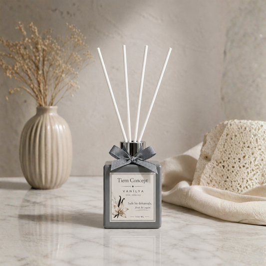 Dekoratif Vanilya Kokulu Gri Parlak Şişeli 100 ml Çubuklu Oda Kokusu