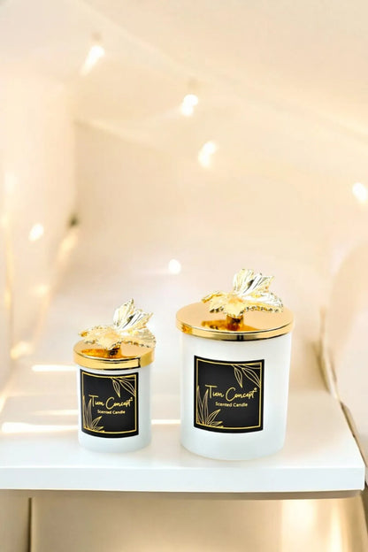 Tiem Concept Special Design Decorative Gold Leaf Vanilla Scented 2-Piece White Glass Candle Set
