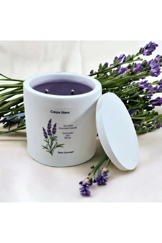 Dekoratif Lavanta Kokulu Beyaz Renkli Beton Saksılı Ve Kapaklı Soya Mum