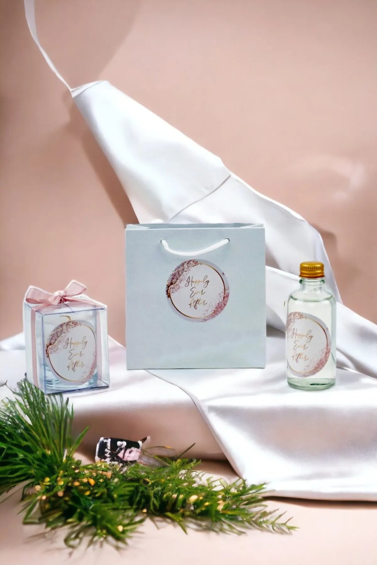 Kişiye Özel Nikah şekeri Baskılı Çantalı Kolonya ve Bardak Mum Seti 10'lu