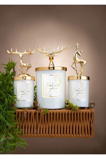 New Year Decorative Special Design Black Boxed Vanilla Scented Silver Deer Top 3-Piece Glass Candle Set