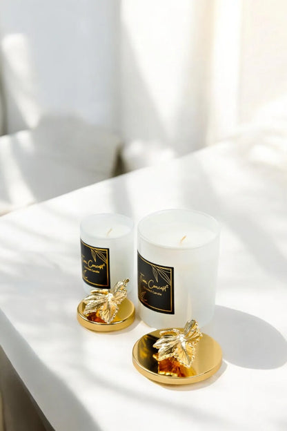 Tiem Concept Special Design Decorative Gold Leaf Vanilla Scented 2-Piece White Glass Candle Set