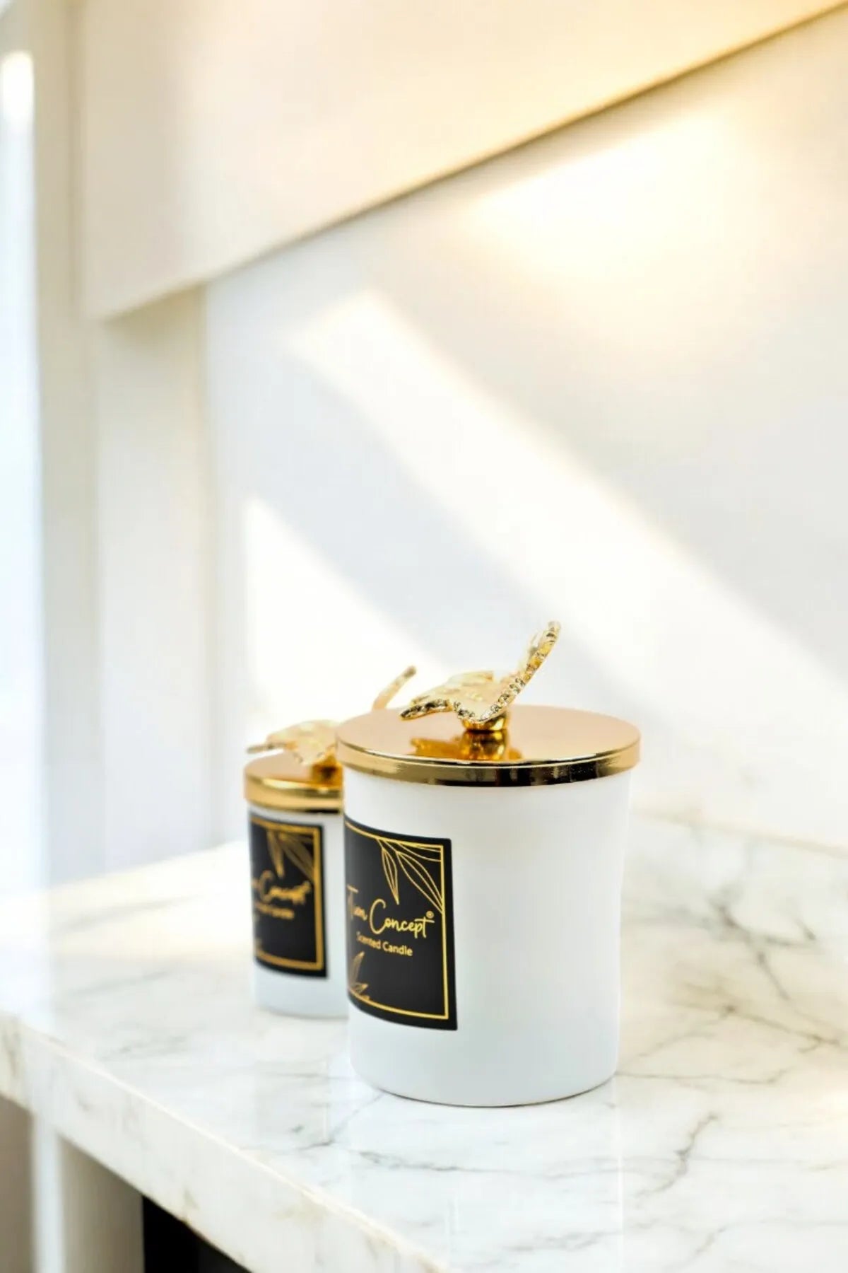 Tiem Concept Special Design Decorative Gold Leaf Vanilla Scented 2-Piece White Glass Candle Set