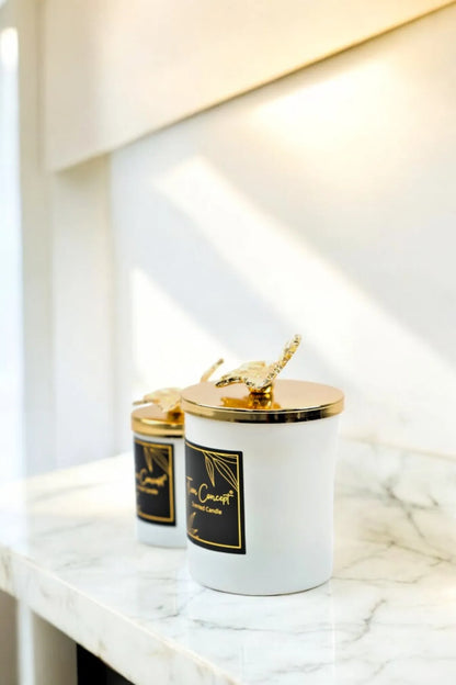 Tiem Concept Special Design Decorative Gold Leaf Vanilla Scented 2-Piece White Glass Candle Set