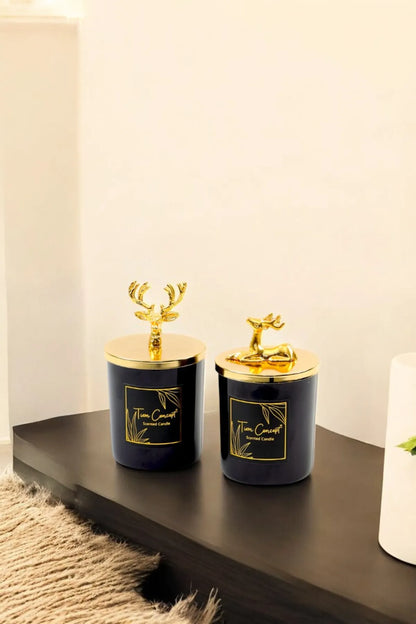 Tiem Concept Decorative Special Design Gold Deer Headed 2-Piece Black Glass Candle Set