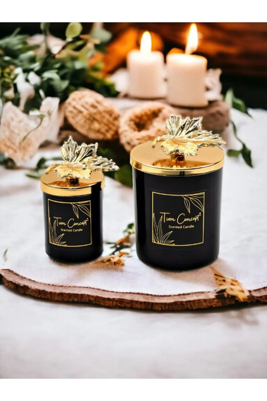 Tiem Concept Special Design Decorative Gold Leaf Vanilla Scented 2-Piece Black Glass Candle Set