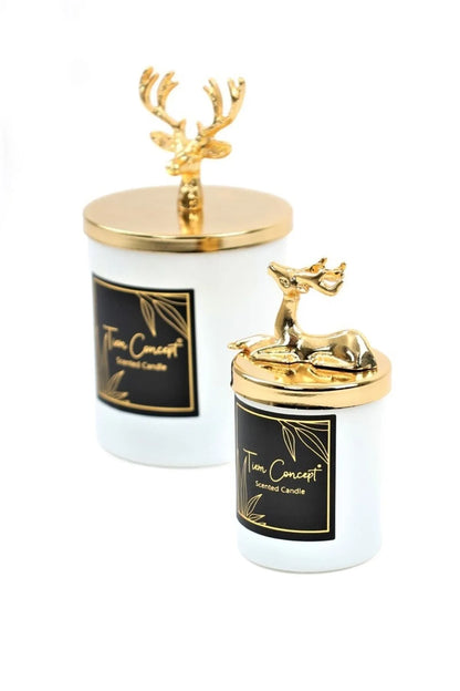 Tiem Concept Special Design Decorative Gold Deer Vanilla Scented 2-Piece White Glass Candle Set