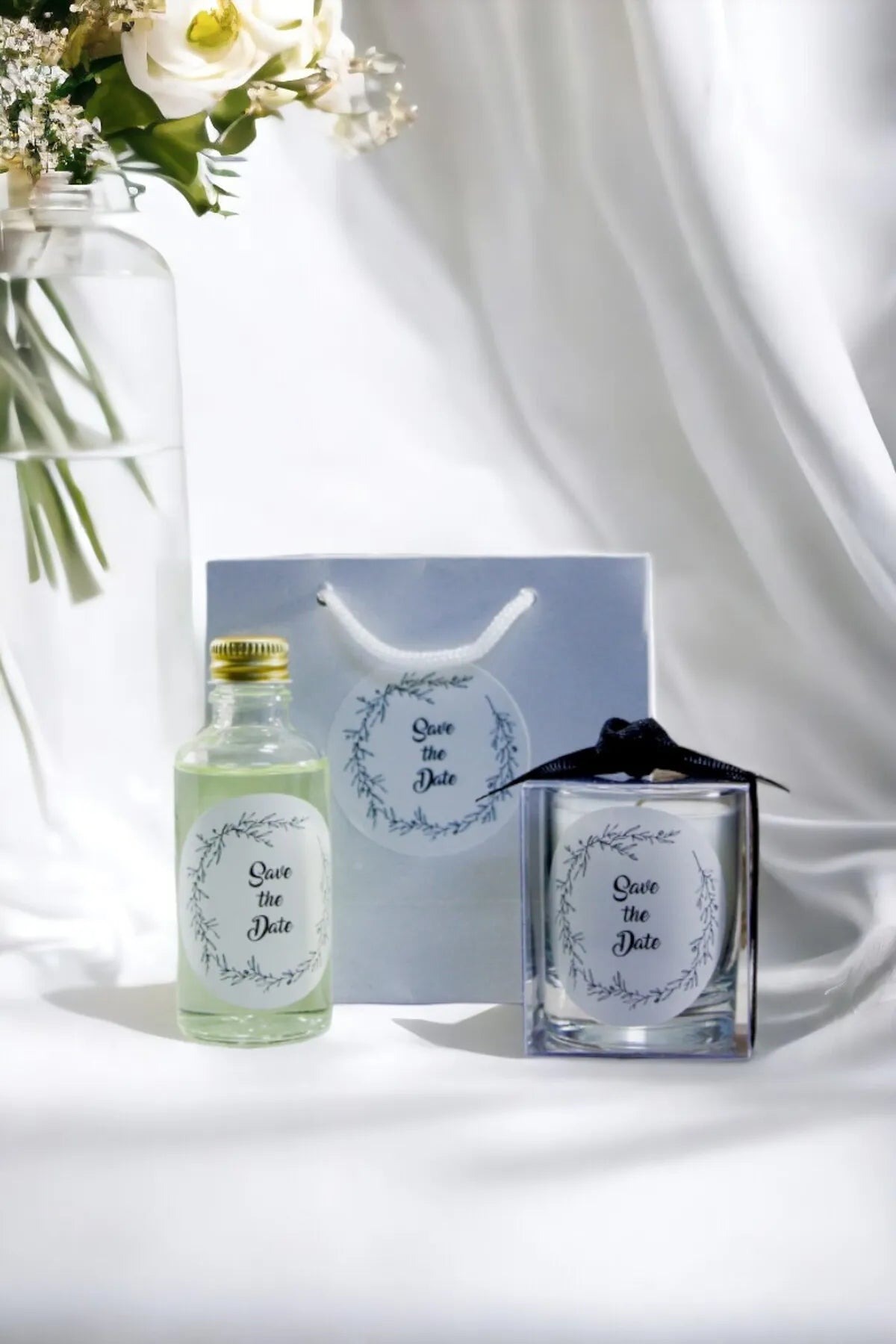 Kişiye Özel Nikah şekeri Baskılı Çantalı Kolonya ve Bardak Mum Seti 10'lu