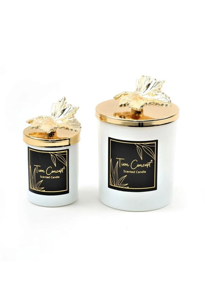 Tiem Concept Special Design Decorative Gold Leaf Vanilla Scented 2-Piece White Glass Candle Set