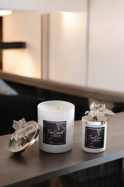 Dekoratif Gümüş Yapraklı Vanilya Kokulu 2'li Beyaz Bardak Mum Seti