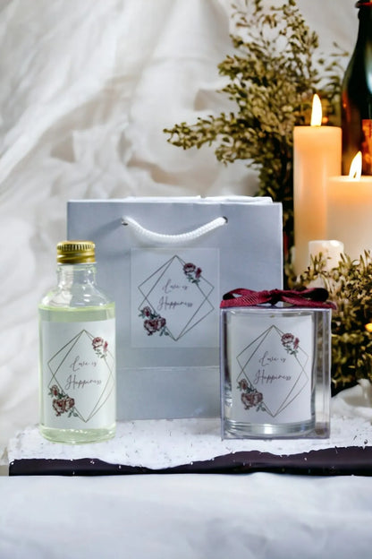 Kişiye Özel Nikah şekeri Baskılı Çantalı Kolonya ve Bardak Mum Seti 10'lu