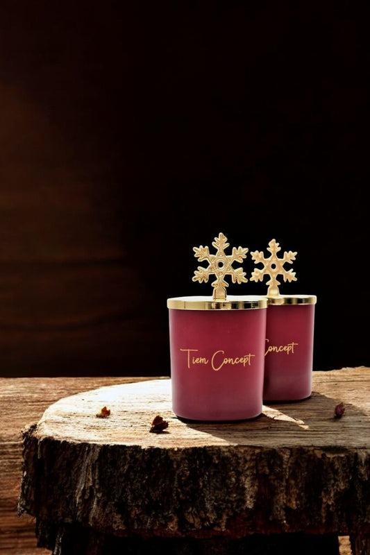 Tiem Concept Decorative Special Design Gold Snowflake Top Amber Scented 2-Piece Claret Red Glass Candle Set