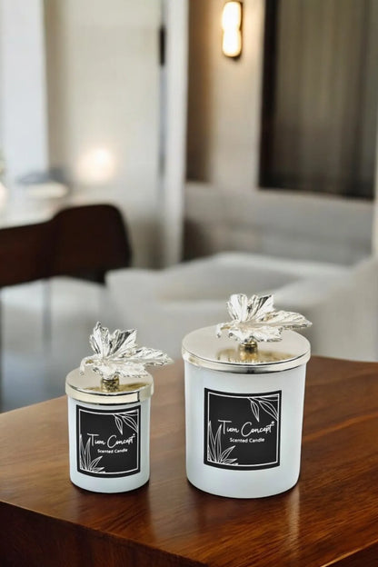 Dekoratif Gümüş Yapraklı Vanilya Kokulu 2'li Beyaz Bardak Mum Seti