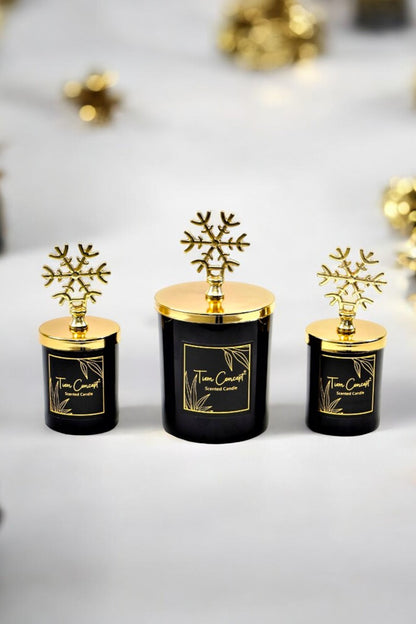 Tiem Concept Decorative Red Gift Boxed Gold Snowflake 3-Piece Black Glass Candle Set