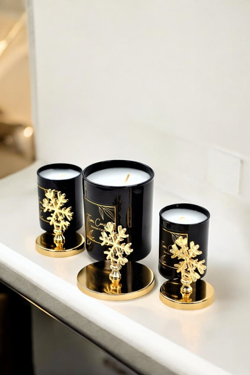 Tiem Concept Decorative Red Gift Boxed Gold Snowflake 3-Piece Black Glass Candle Set