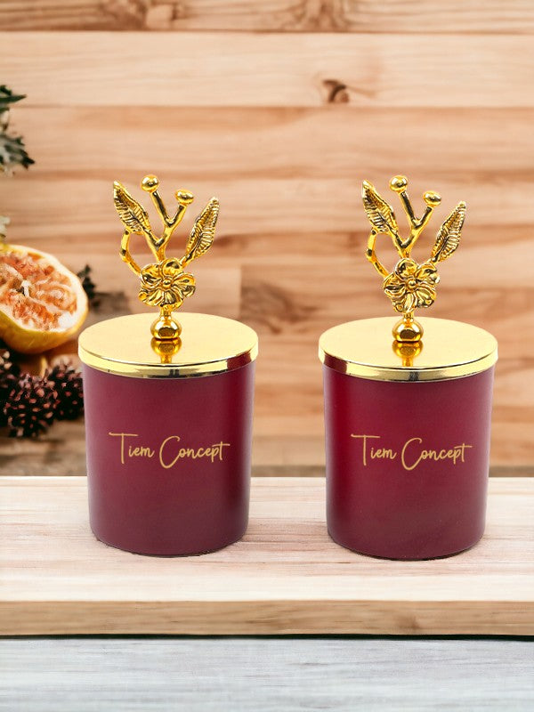 Tiem Concept Decorative Gold Olive Branch Top Amber Scented 2-Piece Claret Red Glass Candle Set