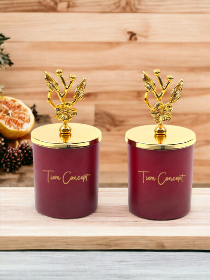 Tiem Concept Decorative Gold Olive Branch Top Amber Scented 2-Piece Claret Red Glass Candle Set