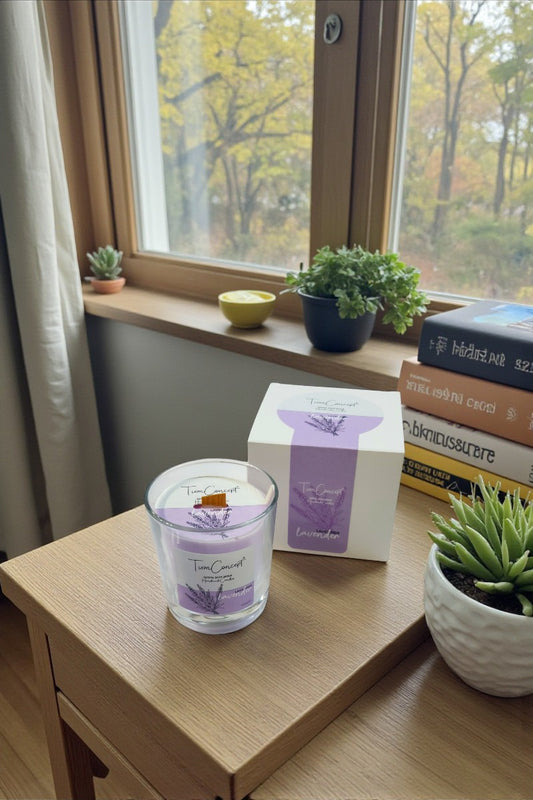 Lavanta Kokulu Ahşap Fitilli %100 Soya Mum - Şeffaf Bardak Lila Renkli Aromaterapi 150cc