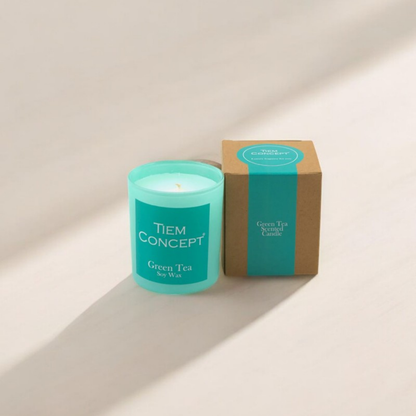 100% Soy Candle Green Tea Scented Mint Green Color Boxed Glass Candle