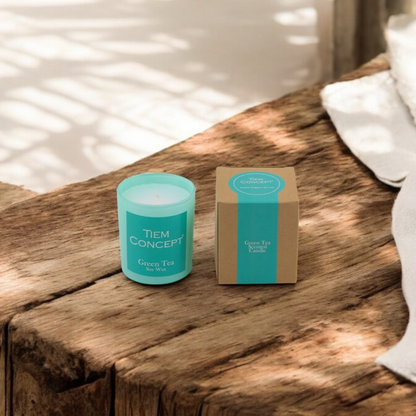 100% Soy Candle Green Tea Scented Mint Green Color Boxed Glass Candle