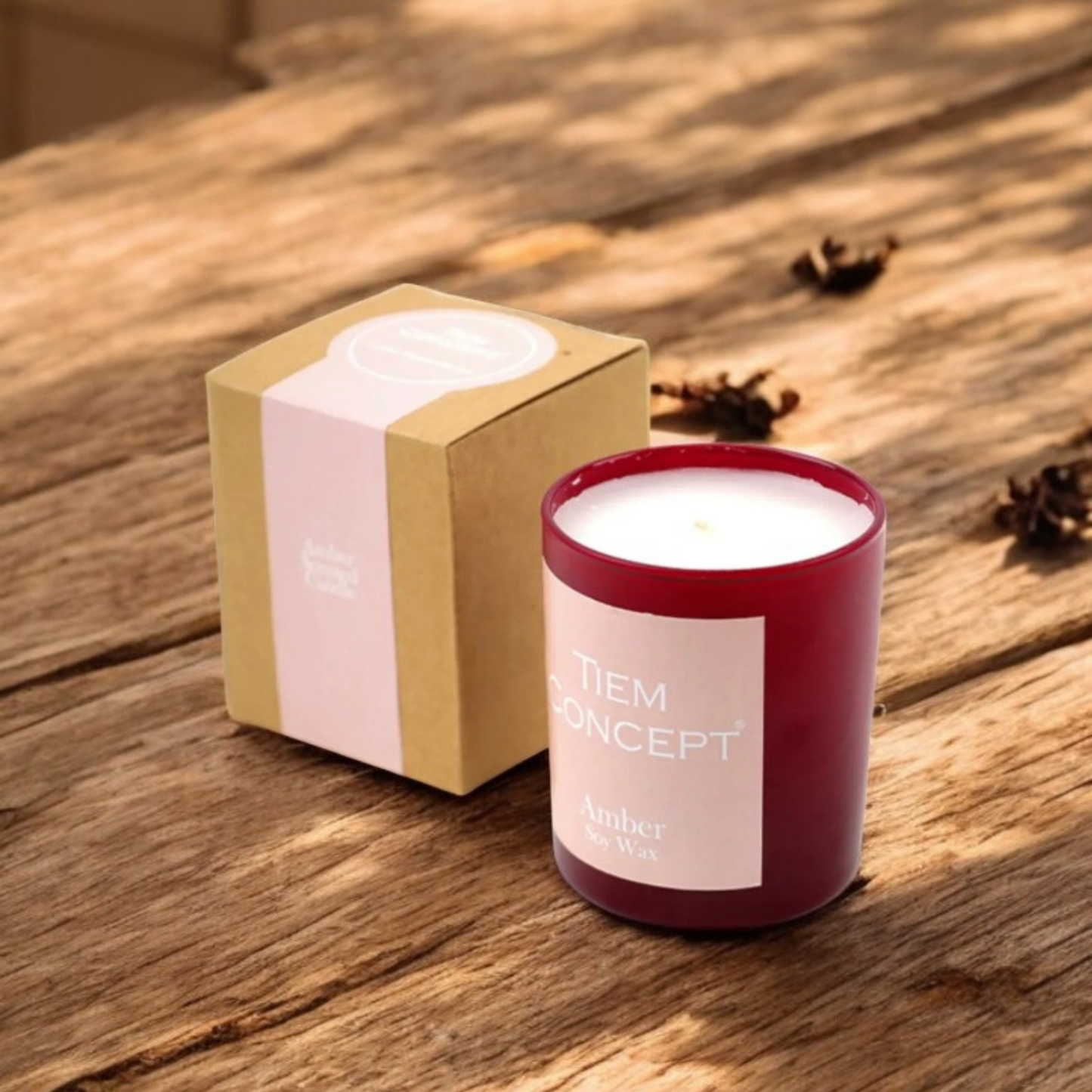 100% Soy Candle Amber Scented Claret Red Color Boxed Glass Candle