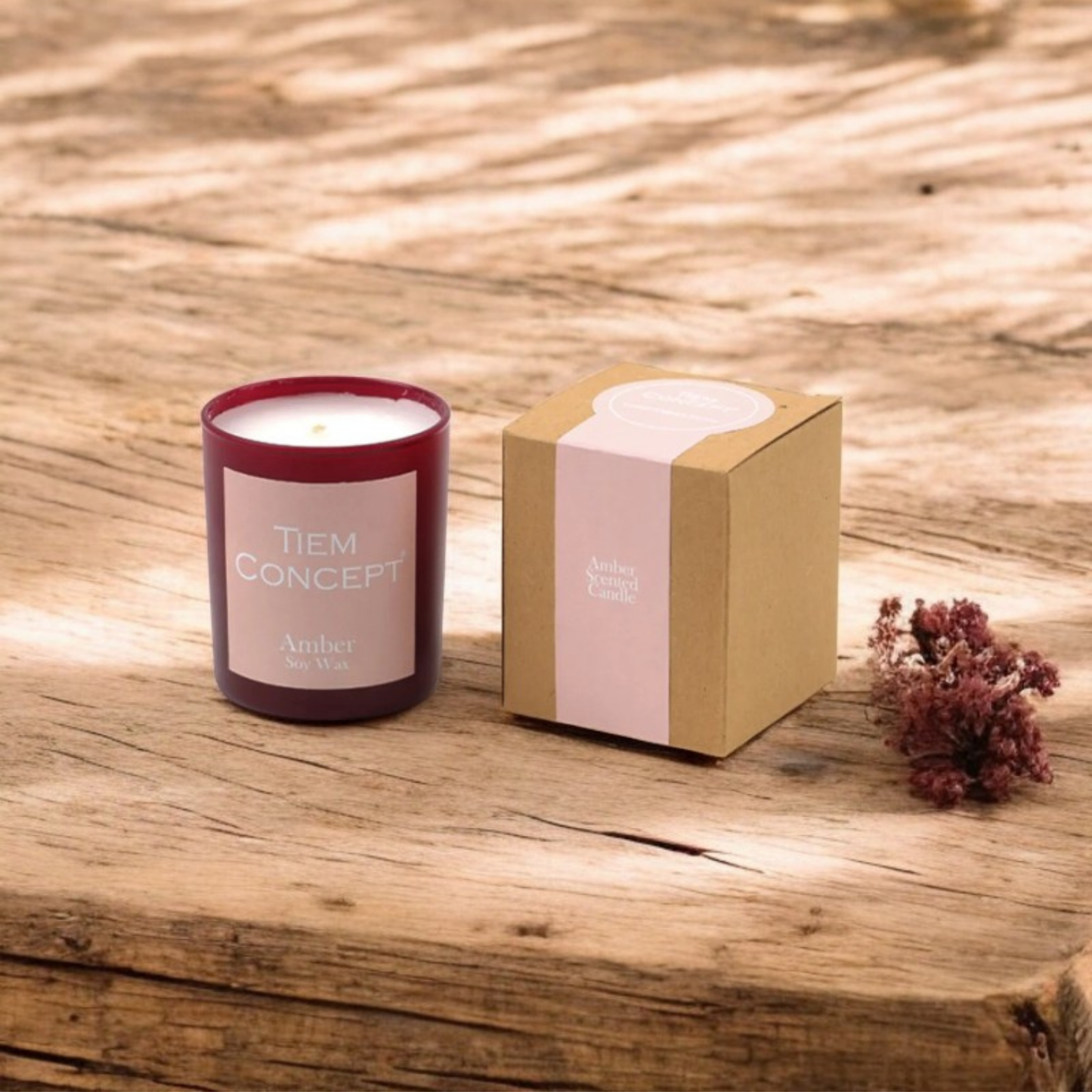 100% Soy Candle Amber Scented Claret Red Color Boxed Glass Candle