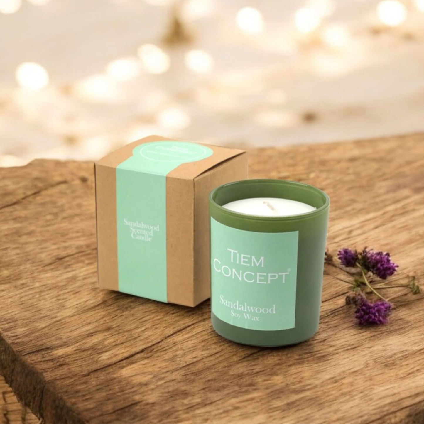 100% Soy Candle Sandalwood Scented Green Color Boxed Glass Candle