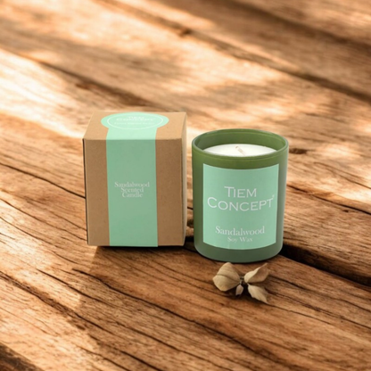 100% Soy Candle Sandalwood Scented Green Color Boxed Glass Candle