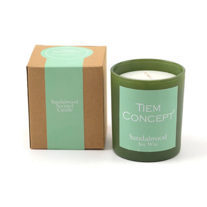 100% Soy Candle Sandalwood Scented Green Color Boxed Glass Candle