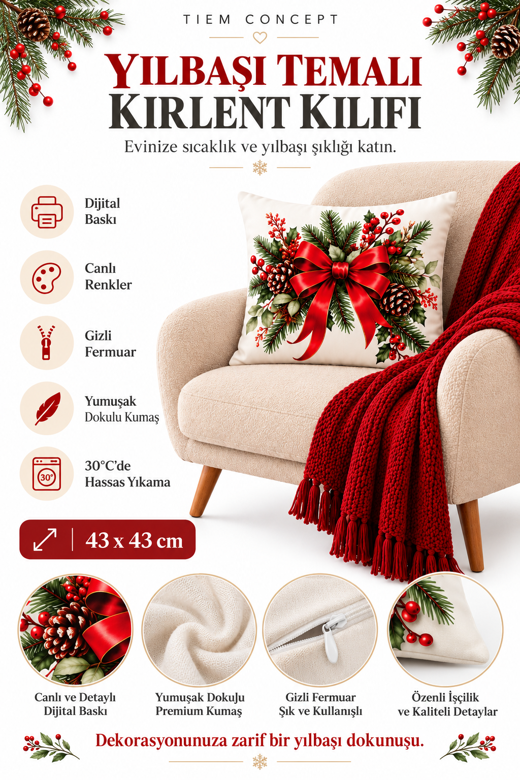 Yılbaşı Temalı Dekoratif Kırlent Kılıfı