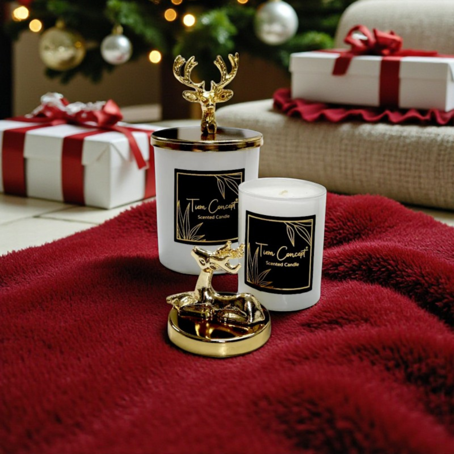 Tiem Concept Special Design Decorative Gold Deer Vanilla Scented 2-Piece White Glass Candle Set