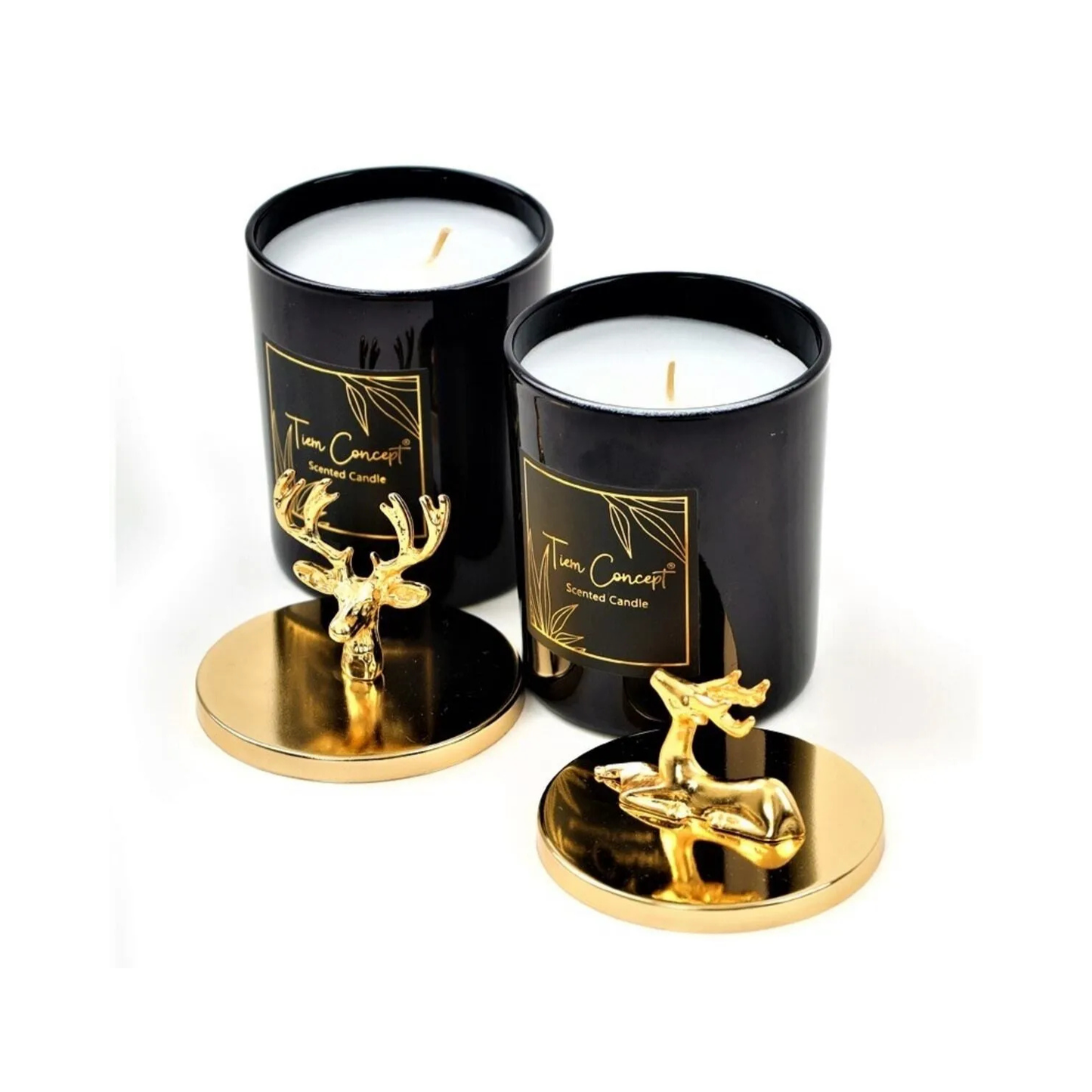 Tiem Concept Decorative Special Design Gold Deer Headed 2-Piece Black Glass Candle Set