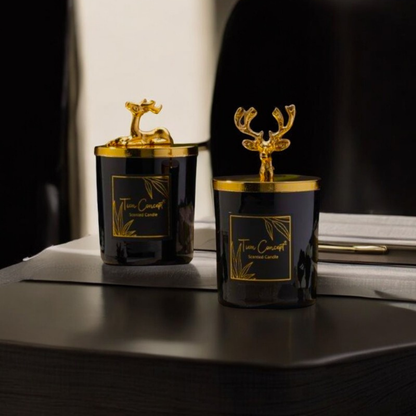 Tiem Concept Decorative Special Design Gold Deer Headed 2-Piece Black Glass Candle Set