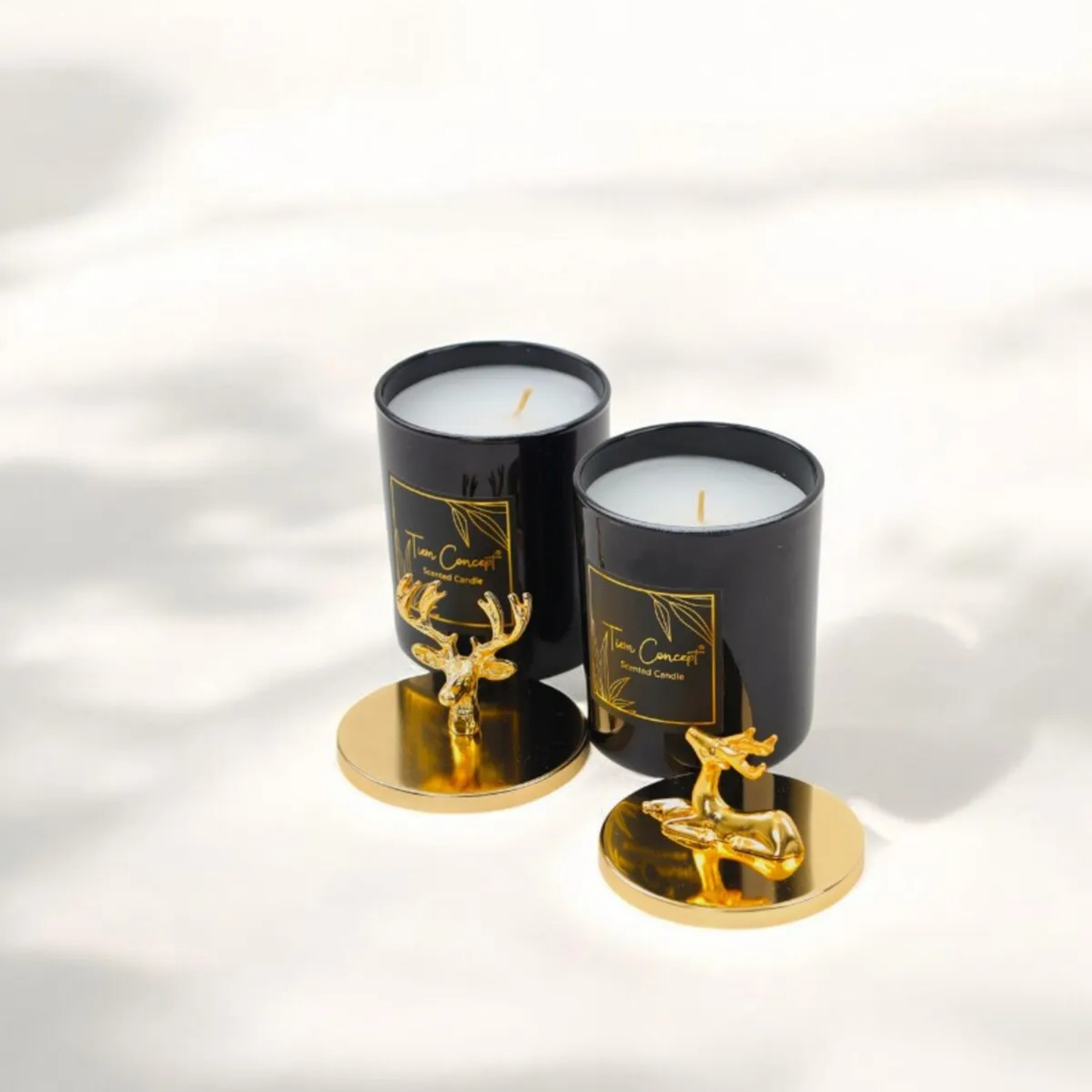 Tiem Concept Decorative Special Design Gold Deer Headed 2-Piece Black Glass Candle Set