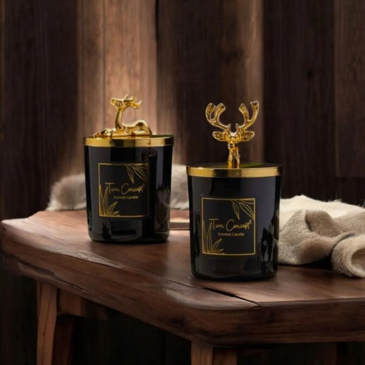 Tiem Concept Decorative Special Design Gold Deer Headed 2-Piece Black Glass Candle Set