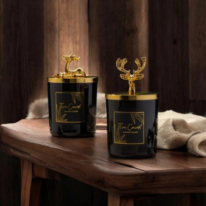 Tiem Concept Decorative Special Design Gold Deer Headed 2-Piece Black Glass Candle Set