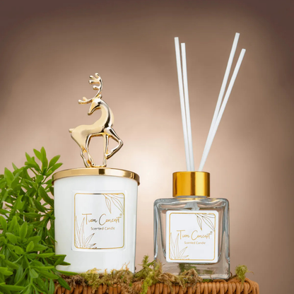 Çubuklu Oda Kokusu 100ml ve Kokulu Bardak Mum - Geyik Figürlü, Oda Kokusu Seti