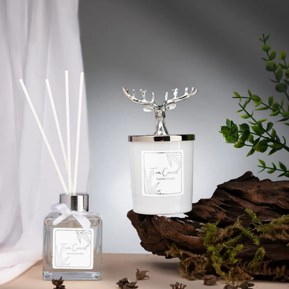 Deer Head Silver Detailed Stick Room Fragrance 100 ml and White Glass Candle Set