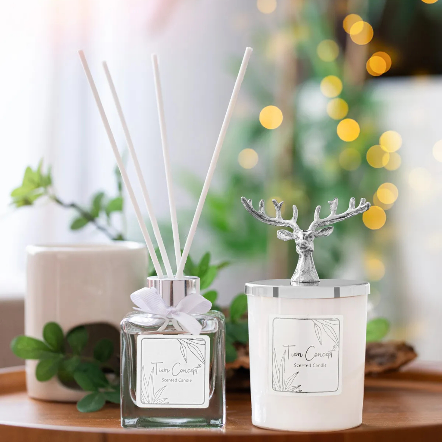 Deer Head Silver Detailed Stick Room Fragrance 100 ml and White Glass Candle Set