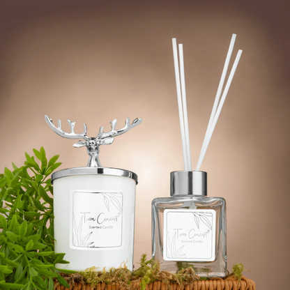 Geyik Başlıklı Gümüş Detaylı Çubuklu Oda Kokusu 100 ml ve Beyaz Bardak  Mum Seti