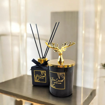 Geyik Başlıklı Gold Detaylı Oda Kokusu Ve Siyah Mum Seti 100 ml