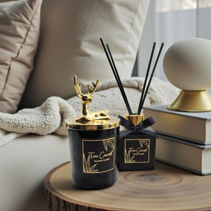 Geyik Başlıklı Gold Detaylı Oda Kokusu Ve Siyah Mum Seti 100 ml