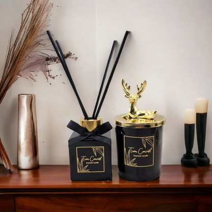 Geyik Başlıklı Gold Detaylı Oda Kokusu Ve Siyah Mum Seti 100 ml