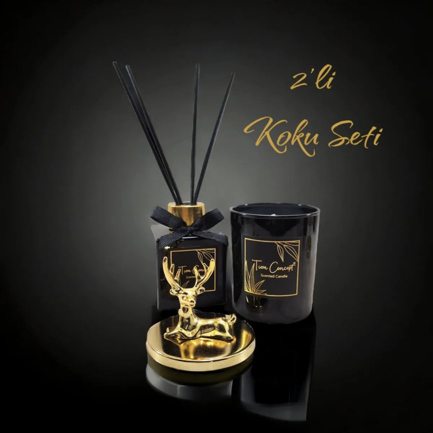 Geyik Başlıklı Gold Detaylı Oda Kokusu Ve Siyah Mum Seti 100 ml