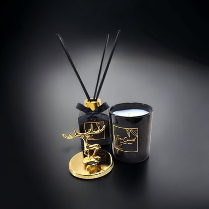Geyik Başlıklı Gold Detaylı 100 ml Oda Kokusu Ve Siyah Mum Seti
