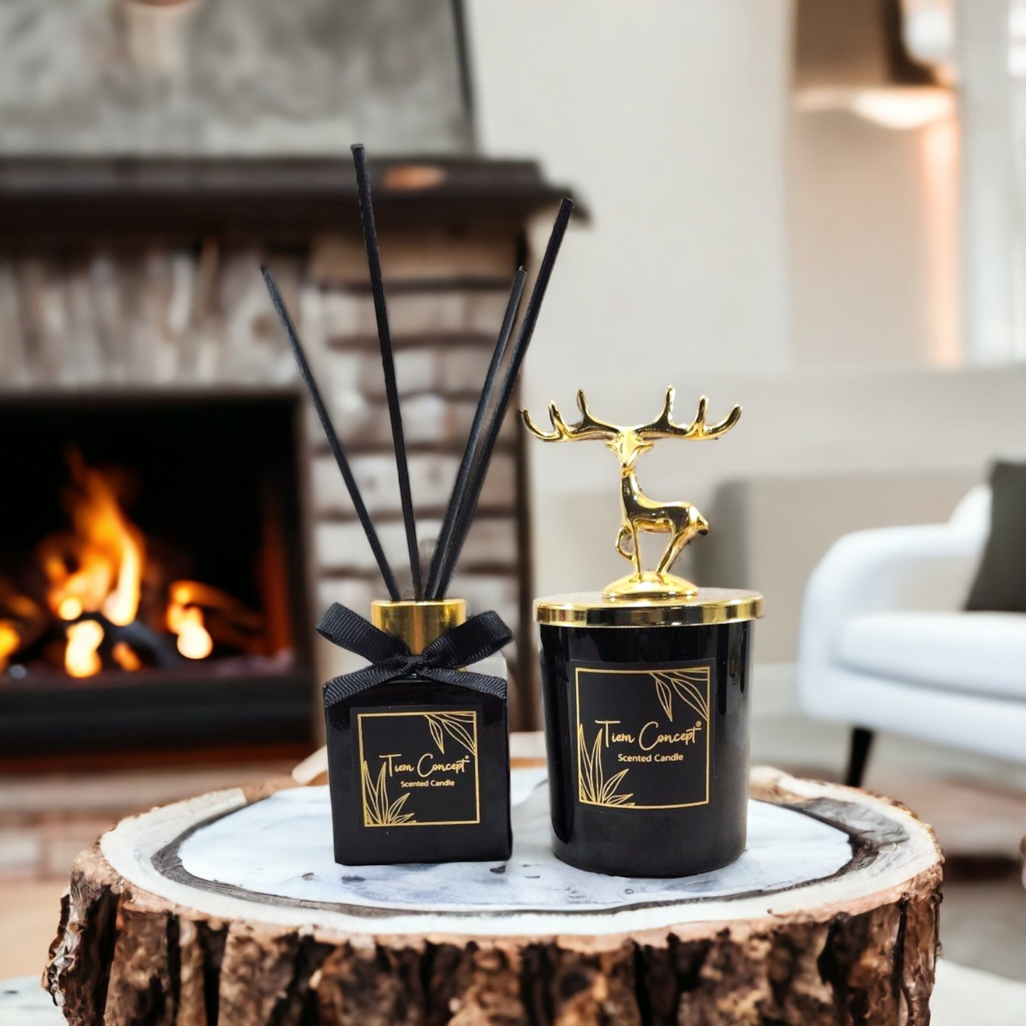 Geyik Başlıklı Gold Detaylı 100 ml Oda Kokusu Ve Siyah Mum Seti
