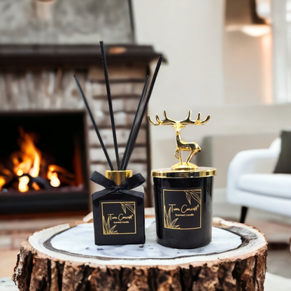 Geyik Başlıklı Gold Detaylı 100 ml Oda Kokusu Ve Siyah Mum Seti